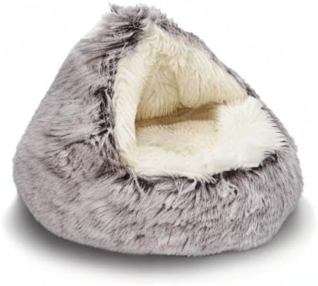 ShinHye Cat Bed Round Plush Fluffy Hooded Cat Bed Cave, Cozy for Indoor Cats or Small Dog beds, Soothing Pet Beds Doughnut Calm Anti-nxiety Dog Bed - Waterproof Bottom Washable (26×26inch, Coffee)