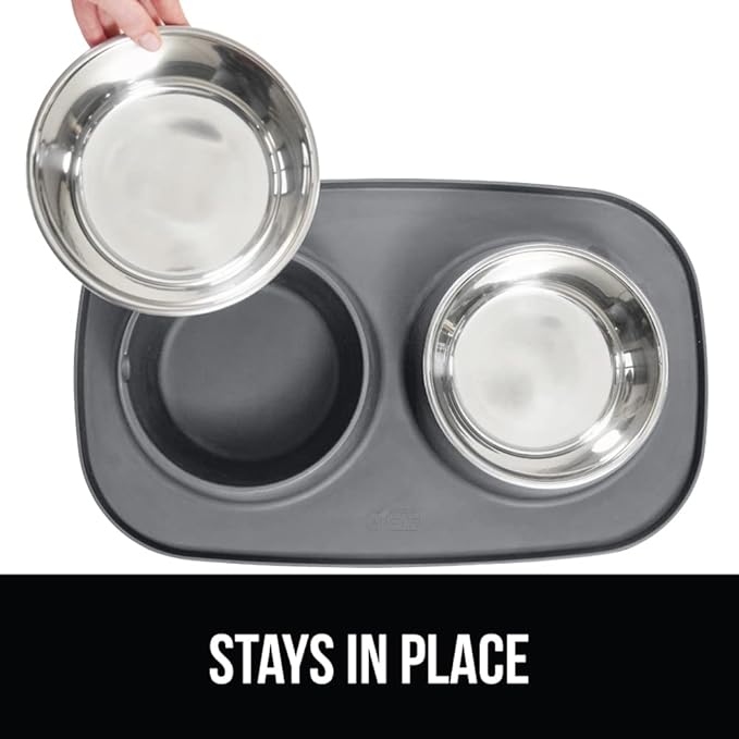 GORILLA GRIP 100% Waterproof BPA Free Cat and Dog Bowls Silicone Feeding Mat Set, Stainless Steel Bowl Slip Resistant Raised Edges, Catch Water, Food Mess, No Spills, Pet Accessories, 1 Cup, Gray
