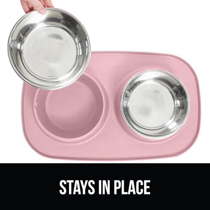 GORILLA GRIP 100% Waterproof BPA Free Cat and Dog Bowls Silicone Feeding Mat Set, Stainless Steel Bowl Slip Resistant Raised Edges, Catch Water, Food Mess, No Spills, Pet Accessories, 2 Cup, Pink