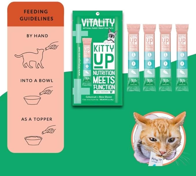 Vitality- Lickable Cat Treat Pouches for Indoor Cats - All Natural Chicken Puree Tube Treats - Kitten and Senior Soft Wet Cat Food - Grain Free, Lysine, Taurine; 12 Tubes .05 oz ea.