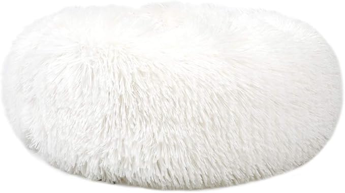 otoez Kitten Puppy Bed Small Round Dog Cat Beds Anti Anxiety Plush Pet Calming Donut Bed with Non-Slip Waterproof Bottom, Washable (19.7", White)