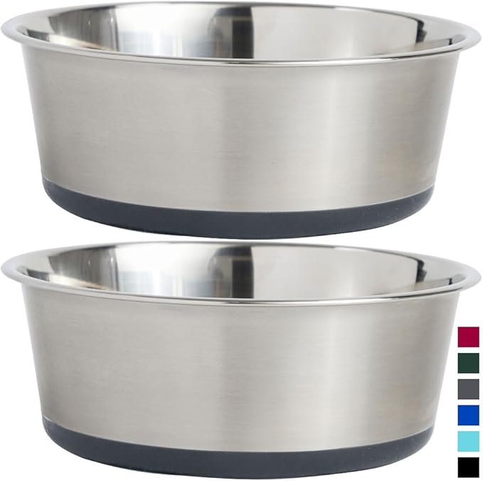GORILLA GRIP Set of 2 Dog Bowls, Holds 6 Cups (48 fl oz), Heavy Duty Metal Food and Water Bowl for Feeding Dogs and Cats, Dishwasher Safe, Rust Resistant Stainless Steel, BPA Free Rubber Base, Gray