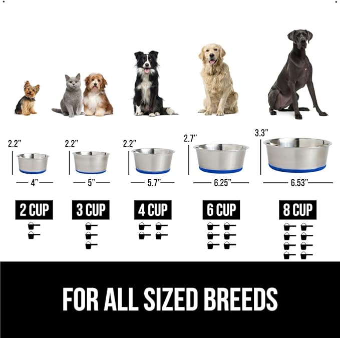 GORILLA GRIP Set of 2 Dog Bowls, Holds 6 Cups (48 fl oz), Heavy Duty Metal Food and Water Bowl for Feeding Dogs and Cats, Dishwasher Safe, Rust Resistant Stainless Steel, BPA Free Rubber Base, Blue