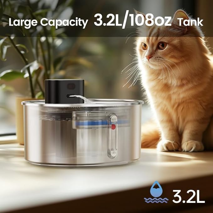 Pumpless Cat Water Fountain with 3 Filter - 3.2l/108oz Wireless Stainless Steel Pet Water Fountain, Cordless Automatic Dispenser, Battery Operated Fountain with Motion Sensor, Ultra Quiet
