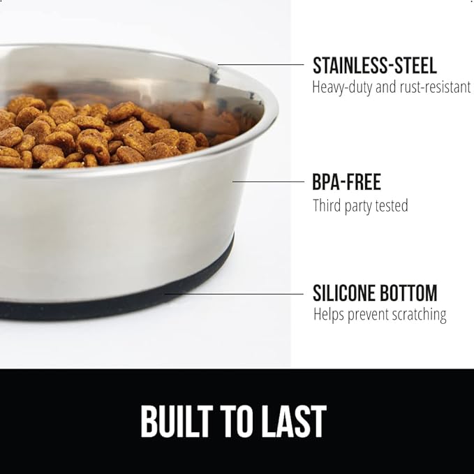 GORILLA GRIP Set of 2 Dog Bowls, Heavy Duty Metal Food and Water Bowl for Feeding Dogs and Cats, Dishwasher Safe, Rust Resistant Stainless Steel, BPA Free Rubber Base, Holds 2 Cups (16 fl oz), Black