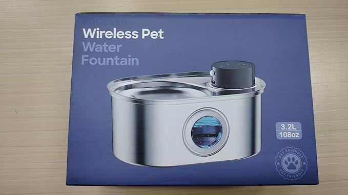 Wireless Cat Water Fountain: Battery Operated Stainless Steel Pet Fountain, Automatic Cordless Water Dispenser Indoor, Metal Faucet Bottle for Drinking, Rechargeable Dog Water Bowl with 1 Filter
