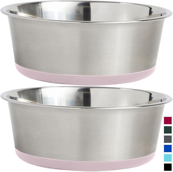 GORILLA GRIP Set of 2 Dog Bowls, Holds 6 Cups (48 fl oz), Heavy Duty Metal Food and Water Bowl for Feeding Dogs and Cats, Dishwasher Safe, Rust Resistant Stainless Steel, BPA Free Rubber Base, Lt Pink