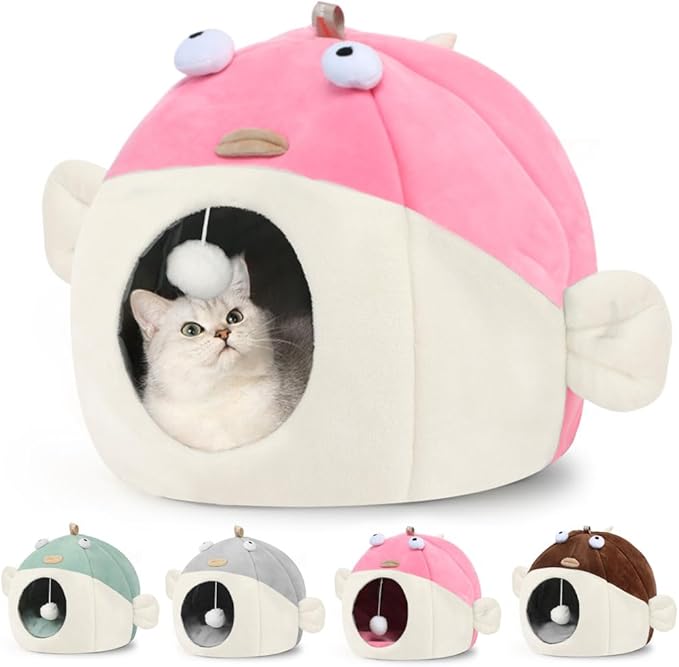 Vanansa Cat Bed for Indoor Cats, Large Covered Cat Bed with Anti-Scratch Lining, Ultra Soft Cat Hideaway, Warm Cute Cat House with Hanging Toy, Pet Bed for Large Cats, Puppy Dog 9-13LB (L, 18" x 15")