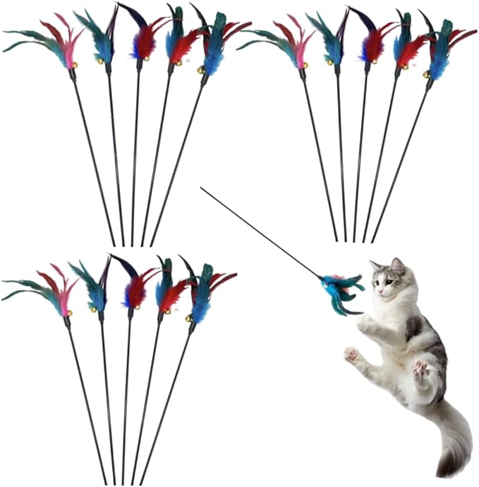 15-Pack Cat Feather Toys and Teaser Wand- Feather Toys for Cats,cat Feather Toy, cat Toys for Indoor Cats,Feather Stick cat Toy cat Teaser Wand - Feather Wand cat Toy