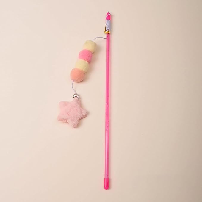 Pink Cat Stick Toy Elastic Rope Plush Ball Star Pendant Bite-Resistant Comfortable Grip Relieve Boredom Handmade Kitten Teaser Wand Cat Mice and Animals Toys