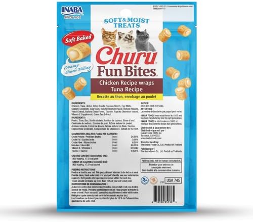 INABA Churu Fun Bites for Cats, Soft & Chewy Baked Chicken Wrapped Filled Cat Treats with Taurine, 0.42 Ounces Each Tetra, 9 Tetras (3 per Bag), Chicken Recipe Wraps Tuna Recipe