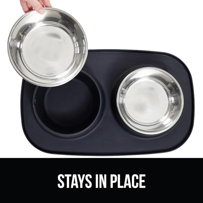 GORILLA GRIP 100% Waterproof BPA Free Cat and Dog Bowls Silicone Feeding Mat Set, Stainless Steel Bowl Slip Resistant Raised Edges, Catch Water, Food Mess, No Spills, Pet Accessories, 3 Cup, Black