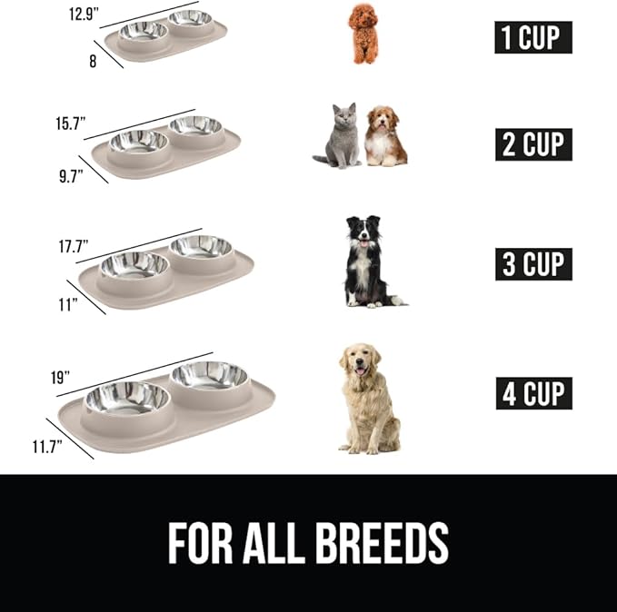GORILLA GRIP 100% Waterproof BPA Free Cat and Dog Bowls Silicone Feeding Mat Set, Stainless Steel Bowl Slip Resistant Raised Edges, Catch Water, Food Mess, No Spills, Pet Accessories, 3 Cup, Beige