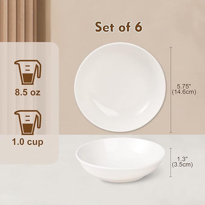 Ceramic Cat Food Bowl Set - Wide Shallow Cat Bowl for Whisker Fatigue Relief - Cute Cat Feeding Bowls - Flat Cat Dish - Cat Plates - Microwave and Dishwasher Safe - 6 Pack - 8.5 oz - 5.75 inch - White