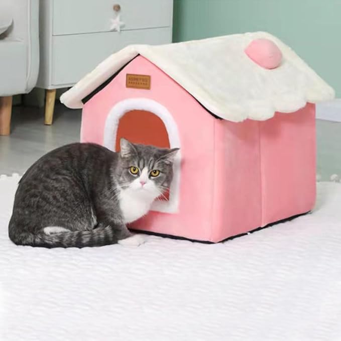 Christmas Cat Bed for Indoor Cats Plaid Christmas Cat Tent Cat Bed Cave for Pets Cats and Dogs (Pink-M(18.1 X 14.6 X 15.7 Inch))