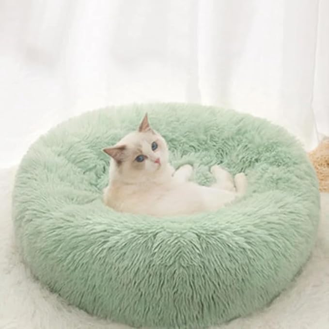Cat Beds for Indoor Cats - Cat Bed Washable 20/24 inches, Dog Beds for Small Medium Dogs, Anti Anxiety Round Fluffy Plush Faux Fur Cat Bed, Thick Bottom (Light Green, Medium)