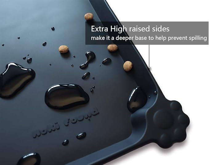 Hoki Found X-Large Silicone Pet Food Mats Tray - Non Slip Pet Dog Cat Bowl Mats Placemat - Dog Pet Cat Feeding Mat - Waterproof Dog Cat Food Mats -Pet Water Mats for Carpet -Black