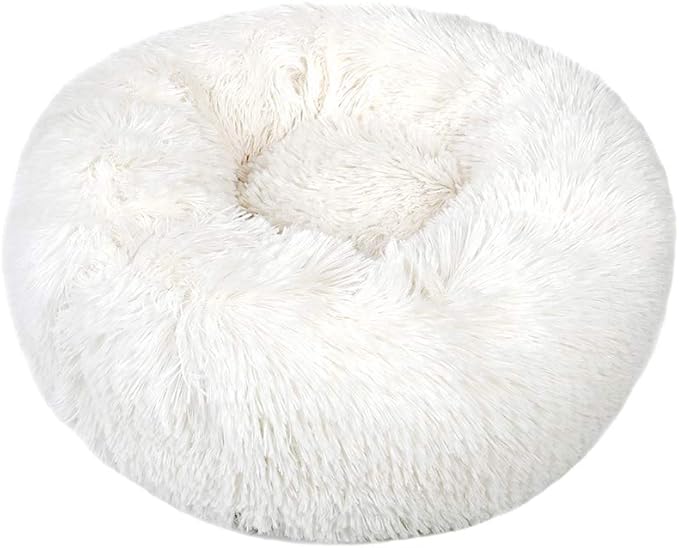 otoez Kitten Puppy Bed Small Round Dog Cat Beds Anti Anxiety Plush Pet Calming Donut Bed with Non-Slip Waterproof Bottom, Washable (19.7", White)