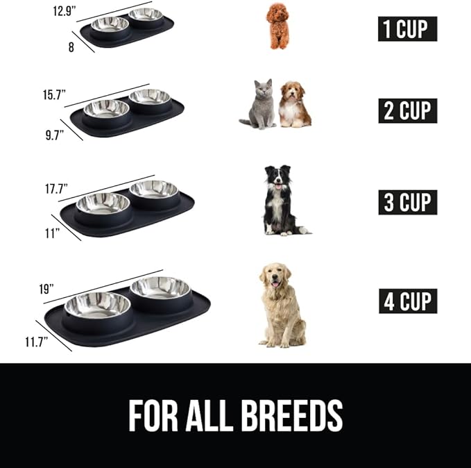 GORILLA GRIP 100% Waterproof BPA Free Cat and Dog Bowls Silicone Feeding Mat Set, Stainless Steel Bowl Slip Resistant Raised Edges, Catch Water, Food Mess, No Spills, Pet Accessories, 3 Cup, Black