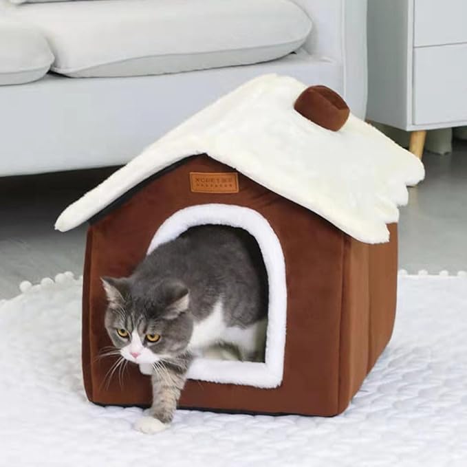 Christmas Cat Bed for Indoor Cats Plaid Christmas Cat Tent Cat Bed Cave for Pets Cats and Dogs (Coffee-S(15.7 X 12.6 X 13.8 Inch))