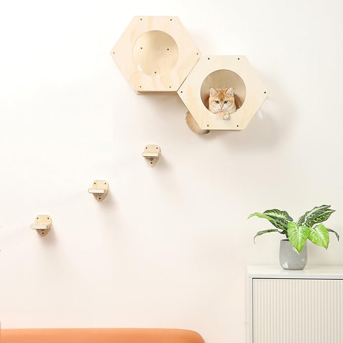 Cat Wall Shelves, Cat Shelves for Wall, Cat Wall Furniture, Cat Shelf with 3 Steps Scratcher Post, Cat Tree Hammock with Plush Wall Mounted, Climbing Shelf Wall Mount for Indoor Cats (Wood)