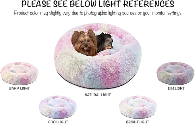 Friends Forever Donut Dog Bed Faux Fur Fluffy Calming Sofa For Large Dogs, Soft & Plush Anti Anxiety Pet Couch For Dogs, Machine Washable Coco Pet Bed with Non-Slip Bottom, 36"x36"x8" Rainbow