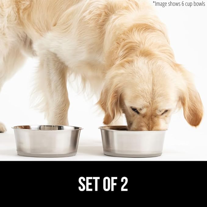 GORILLA GRIP Set of 2 Dog Bowls, Heavy Duty Metal Food and Water Bowl for Feeding Dogs and Cats, Dishwasher Safe, Rust Resistant Stainless Steel, BPA Free Rubber Base, Holds 2 Cups (16 fl oz), Beige