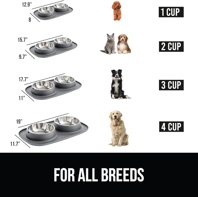 GORILLA GRIP 100% Waterproof BPA Free Cat and Dog Bowls Silicone Feeding Mat Set, Stainless Steel Bowl Slip Resistant Raised Edges, Catch Water, Food Mess, No Spills, Pet Accessories, 1 Cup, Gray