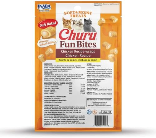 INABA Churu Fun Bites for Cats, Soft & Chewy Baked Chicken Wrapped Filled Cat Treats with Taurine, 0.42 Ounces Each Tetra, 3 Tetras, Chicken Recipe Wraps Chicken Recipe