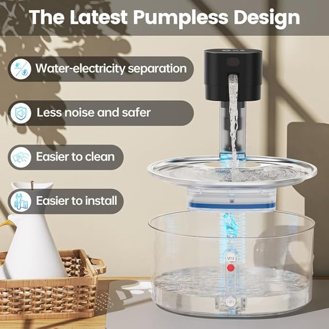 Pumpless Cat Water Fountain with 3 Filter - 3.2l/108oz Wireless Stainless Steel Pet Water Fountain, Cordless Automatic Dispenser, Battery Operated Fountain with Motion Sensor, Ultra Quiet