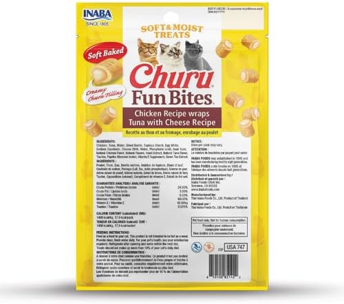 INABA Churu Fun Bites for Cats, Soft & Chewy Baked Chicken Wrapped Filled Cat Treats with Taurine, 0.42 Ounces Each Tetra, 3 Tetras, Chicken Recipe Wraps Tuna with Cheese Recipe