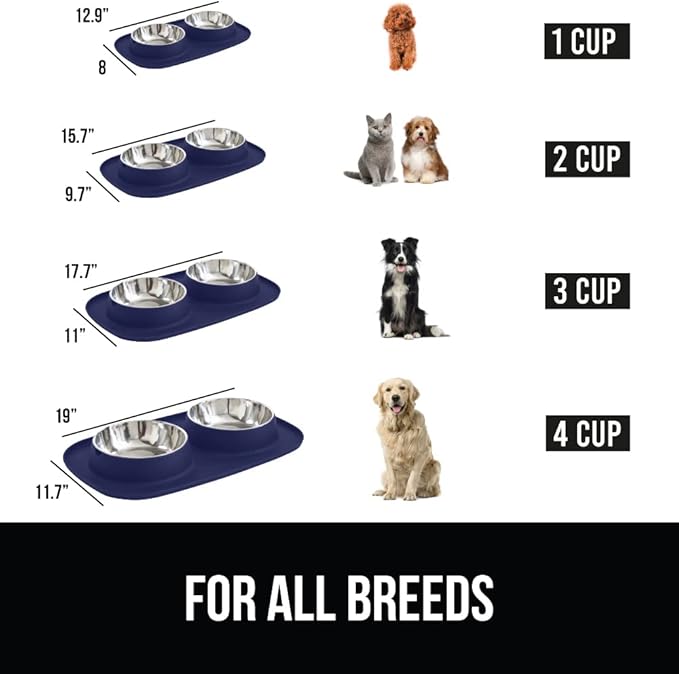 GORILLA GRIP 100% Waterproof BPA Free Cat and Dog Bowls Silicone Feeding Mat Set, Stainless Steel Bowl Slip Resistant Raised Edges, Catch Water, Food Mess, No Spills, Pet Accessories, 4 Cup, Navy