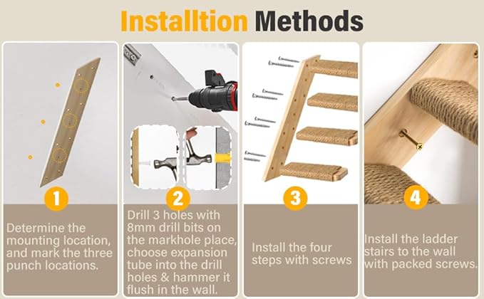 1 Pack 4 Steps Cat Wall Shelves Cat Wall Stairs with Sisal Rope.an Improved&Stronger Cat Wall Steps Cat Tree Supplies