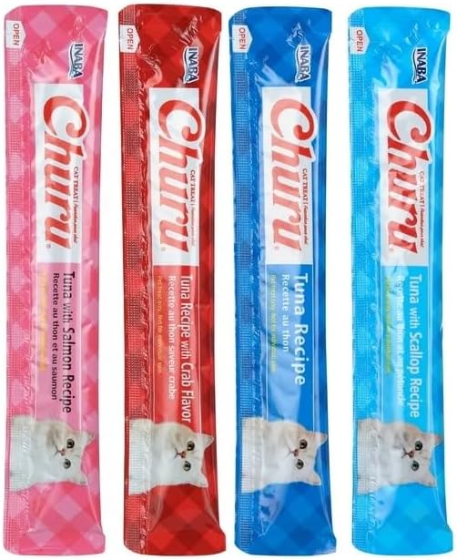 INABA Churu Cat Treats, Grain-Free, Lickable, Squeezable Creamy Purée Cat Treat/Topper, 0.5 Ounces Each Tube, 40 Tubes, Tuna Varieties Box