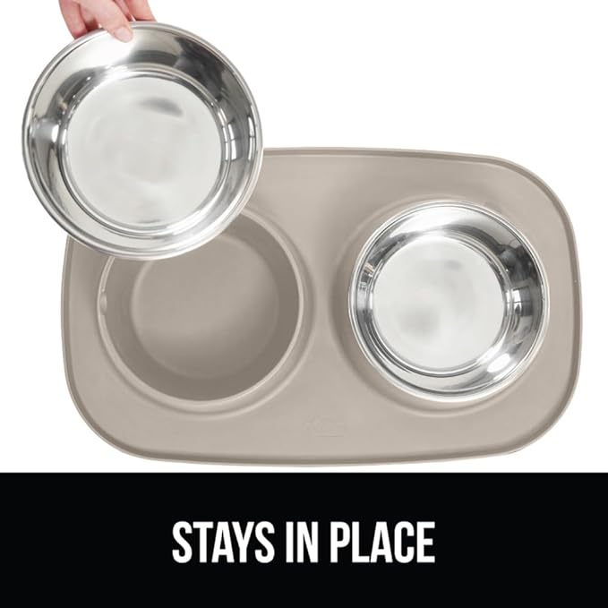 GORILLA GRIP 100% Waterproof BPA Free Cat and Dog Bowls Silicone Feeding Mat Set, Stainless Steel Bowl Slip Resistant Raised Edges, Catch Water, Food Mess, No Spills, Pet Accessories, 3 Cup, Beige