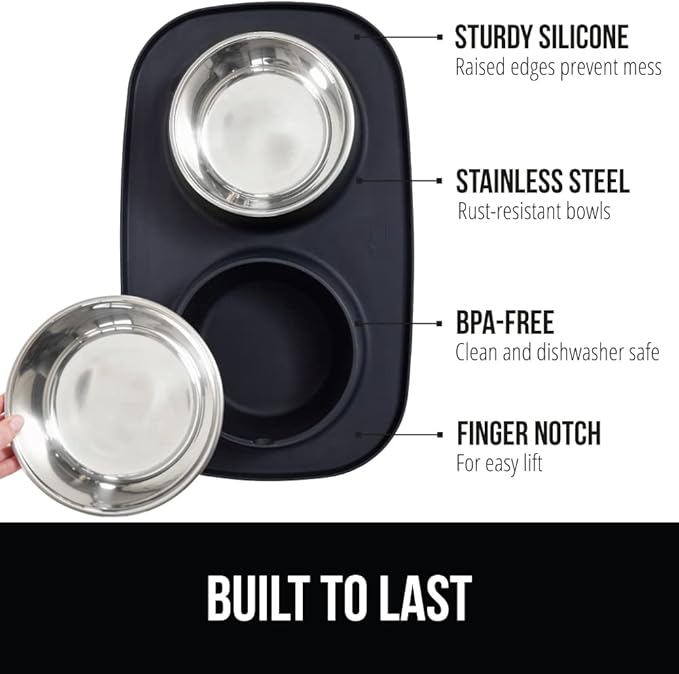 GORILLA GRIP 100% Waterproof BPA Free Cat and Dog Bowls Silicone Feeding Mat Set, Stainless Steel Bowl Slip Resistant Raised Edges, Catch Water, Food Mess, No Spills, Pet Accessories, 3 Cup, Black