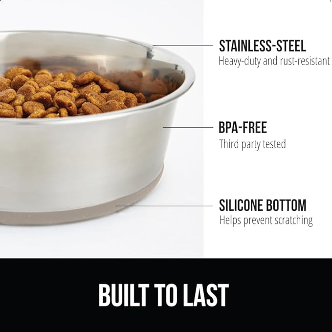 GORILLA GRIP Set of 2 Dog Bowls, Heavy Duty Metal Food and Water Bowl for Feeding Dogs and Cats, Dishwasher Safe, Rust Resistant Stainless Steel, BPA Free Rubber Base, Holds 2 Cups (16 fl oz), Beige