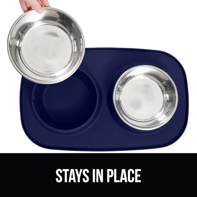 GORILLA GRIP 100% Waterproof BPA Free Cat and Dog Bowls Silicone Feeding Mat Set, Stainless Steel Bowl Slip Resistant Raised Edges, Catch Water, Food Mess, No Spills, Pet Accessories, 4 Cup, Navy