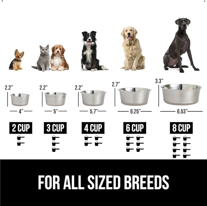 GORILLA GRIP Set of 2 Dog Bowls, Heavy Duty Metal Food and Water Bowl for Feeding Dogs and Cats, Dishwasher Safe, Rust Resistant Stainless Steel, BPA Free Rubber Base, Holds 2 Cups (16 fl oz), Beige