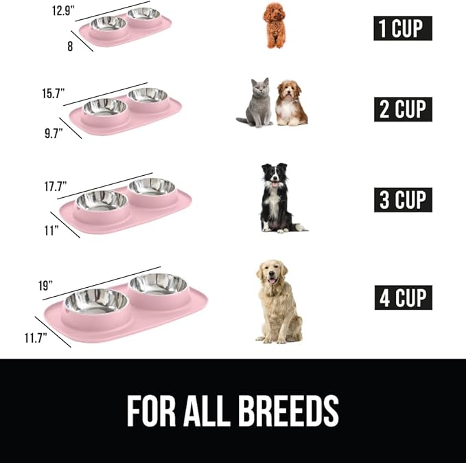 GORILLA GRIP 100% Waterproof BPA Free Cat and Dog Bowls Silicone Feeding Mat Set, Stainless Steel Bowl Slip Resistant Raised Edges, Catch Water, Food Mess, No Spills, Pet Accessories, 2 Cup, Pink