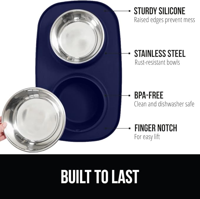 GORILLA GRIP 100% Waterproof BPA Free Cat and Dog Bowls Silicone Feeding Mat Set, Stainless Steel Bowl Slip Resistant Raised Edges, Catch Water, Food Mess, No Spills, Pet Accessories, 4 Cup, Navy