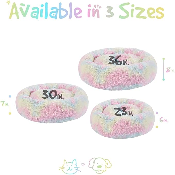 Friends Forever Donut Dog Bed Faux Fur Fluffy Calming Sofa For Large Dogs, Soft & Plush Anti Anxiety Pet Couch For Dogs, Machine Washable Coco Pet Bed with Non-Slip Bottom, 36"x36"x8" Rainbow