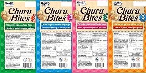INABA Churu Bites for Cats, Soft Baked Chicken Churu Filled Cat Treats with Green Tea Extract, 0.35 Ounces Each Tube, 12 Tubes Total, 4 Flavor Variety