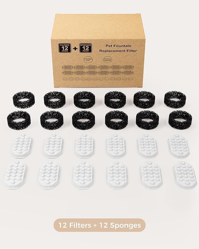 Official 12 Pack Cat Water Fountain Replacement Filters & Pre-Filter Sponges for 108oz/3.2 Stainless Steel Pet Water Fountain