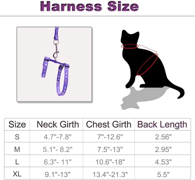 Cat Harness and Leash Set for Outdoor Walking Escape Proof Adjustable Soft Safety Strap with Golden Star and Moon Design Glow in The Dark Purple Large