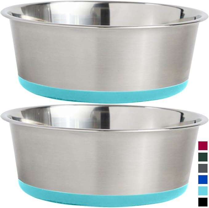 GORILLA GRIP Set of 2 Dog Bowls, Heavy Duty Metal Food and Water Bowl for Feeding Dogs and Cat, Dishwasher Safe, Rust Resistant Stainless Steel, BPA Free Rubber Base, Holds 2 Cups (16 fl oz) Turquoise