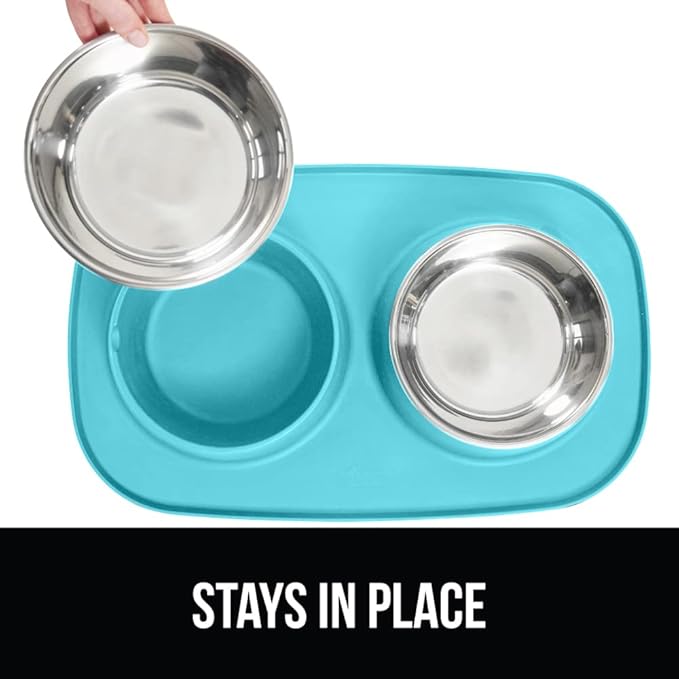 GORILLA GRIP 100% Waterproof BPA Free Cat and Dog Bowls Silicone Feeding Mat Set, Stainless Steel Bowl Slip Resistant Raised Edges, Catch Water, Food Mess, No Spills, Pet Accessories, 3 Cup, Turquoise