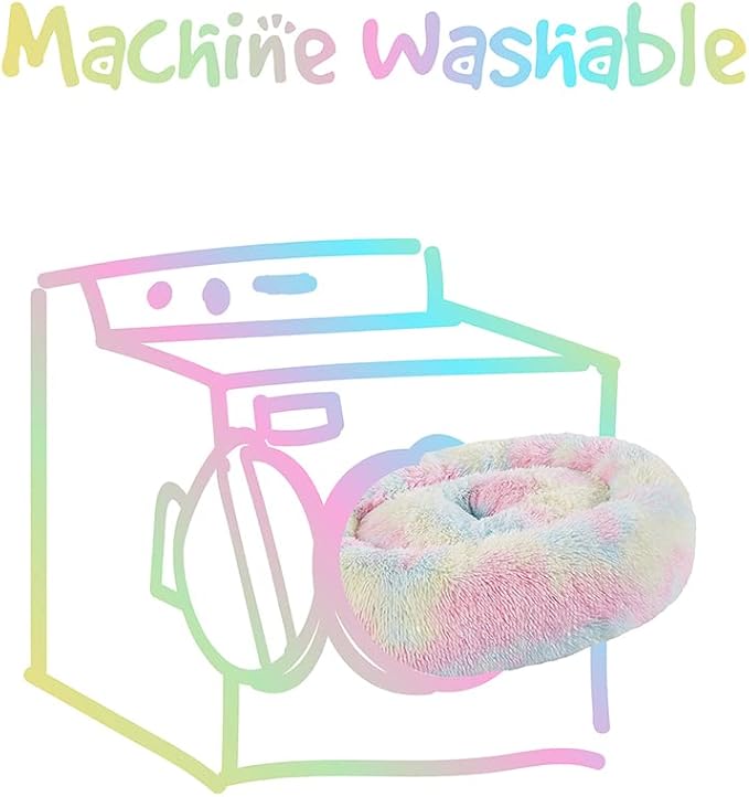Friends Forever Donut Dog Bed Faux Fur Fluffy Calming Sofa For Large Dogs, Soft & Plush Anti Anxiety Pet Couch For Dogs, Machine Washable Coco Pet Bed with Non-Slip Bottom, 36"x36"x8" Rainbow