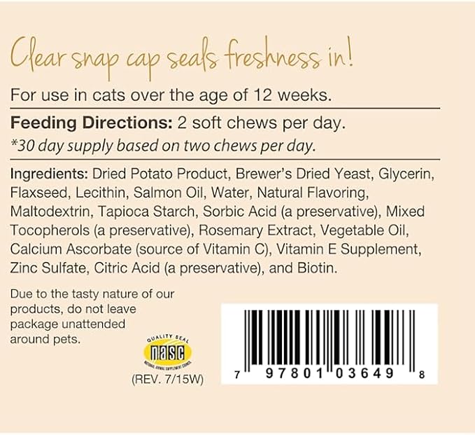 NaturVet – Skin & Coat Plus Omegas for Cats – 60 Soft Chews | Supports Healthy Skin & Glossy Coat | Enhanced with Omega-3, Omega-6 & Biotin | 30 Day Supply