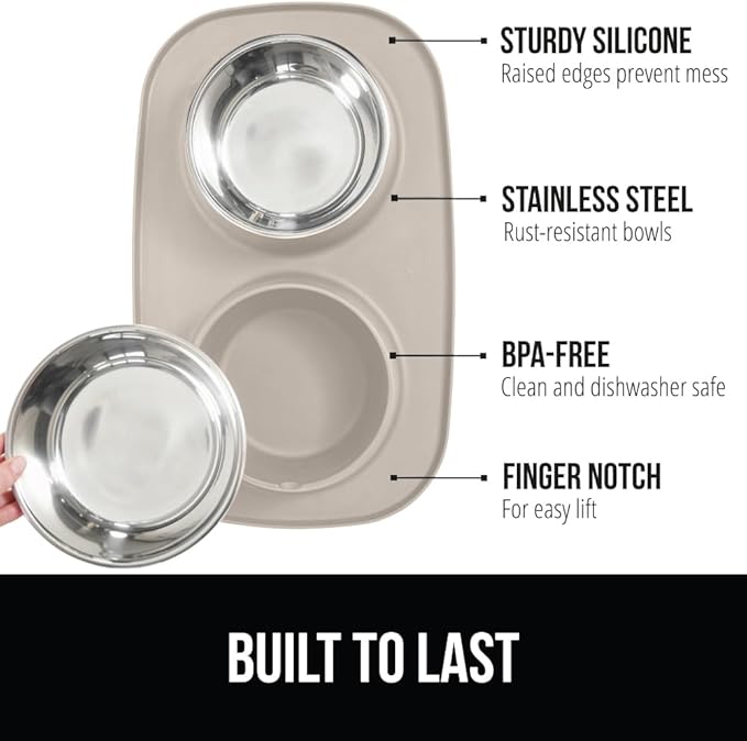 GORILLA GRIP 100% Waterproof BPA Free Cat and Dog Bowls Silicone Feeding Mat Set, Stainless Steel Bowl Slip Resistant Raised Edges, Catch Water, Food Mess, No Spills, Pet Accessories, 1 Cup, Beige